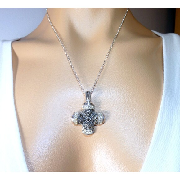 VTG Sterling Silver Real Marcasite Cross Oxidized Pendant Lock Bail - Picture 7 of 9